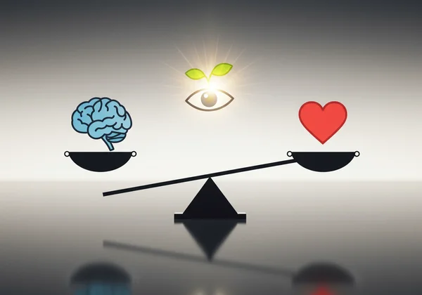 Balanced scales with brain and heart, leading to self-awareness