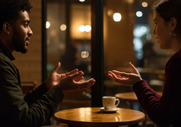Two people engaged in active listening, showing connection.