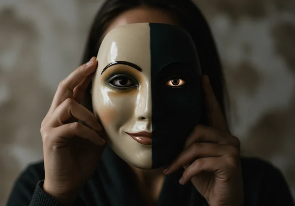 A smiling mask with a dark, calculating shadow behind it.