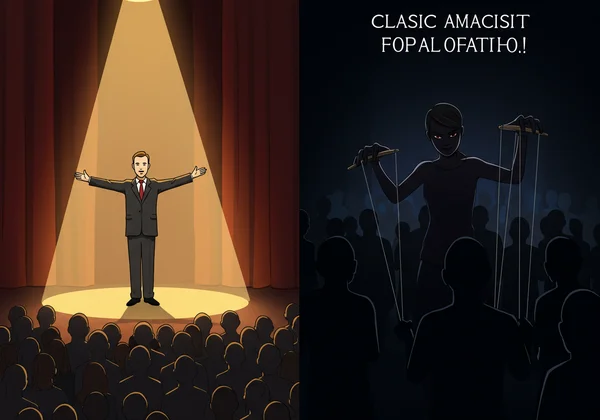 A dark empath as a puppeteer versus a narcissist on a stage.